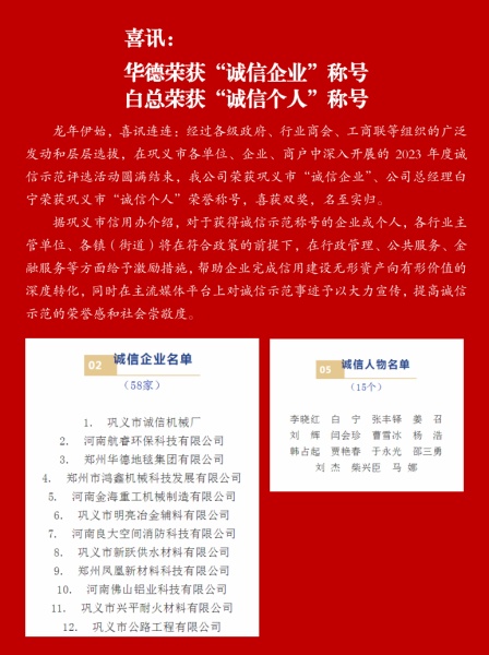 喜訊:華德榮獲誠信企業(yè)稱號!  白總榮獲誠信個人稱號!